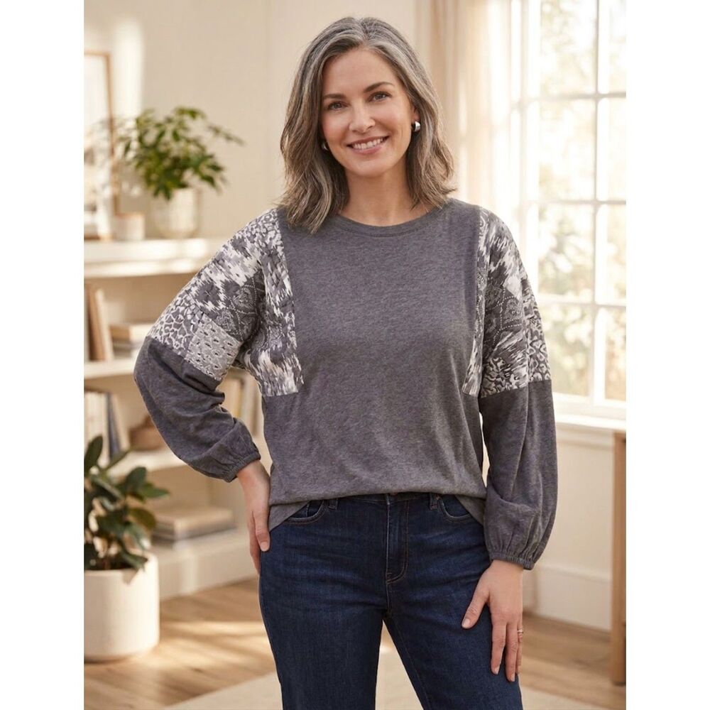 J. Jill Elements Patchwork Balloon Sleeve Top Gray White Cotton Sz M Grandmacore